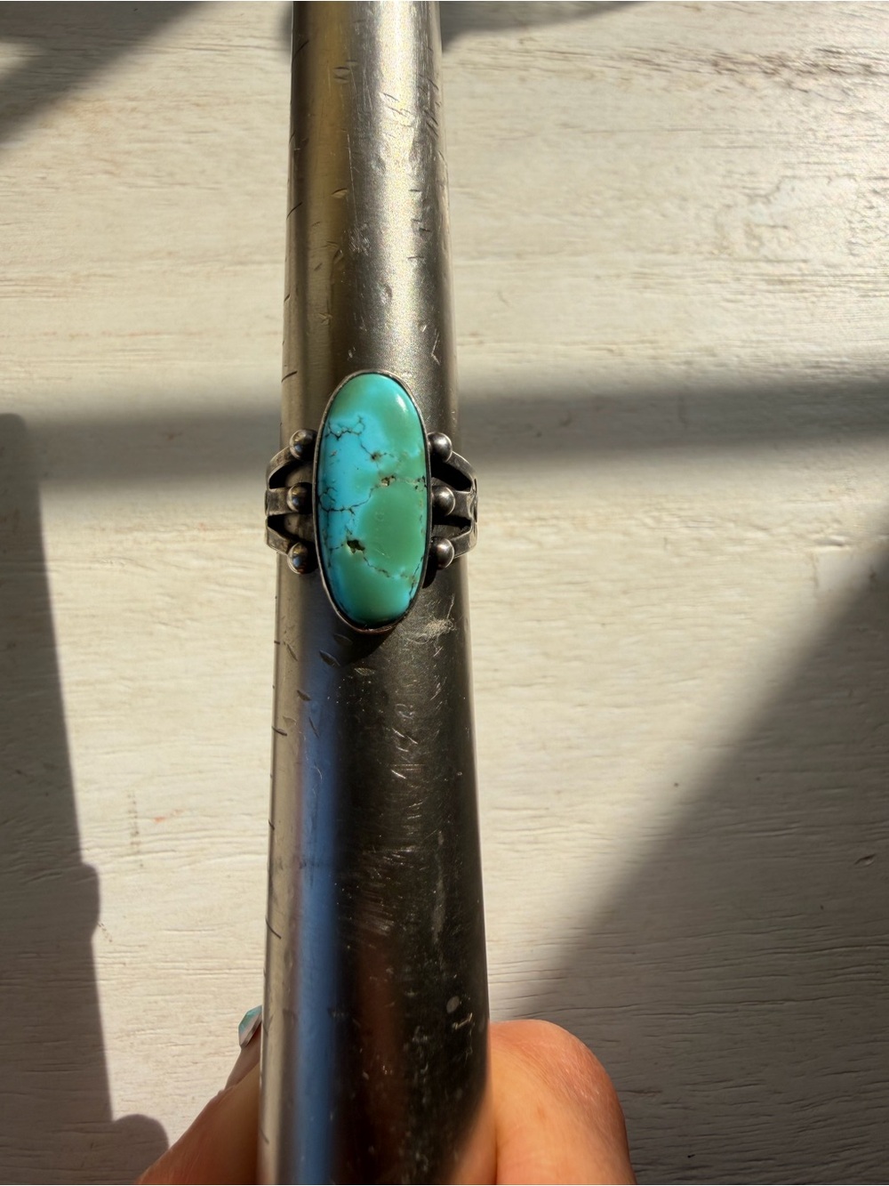Turquoise Oval Sterling Silver Old Pawn Vintage Ring - Blue Green